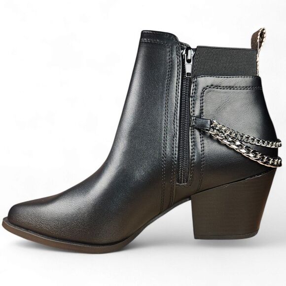 Size 10 Black Ankle Booties Silver Chains Side Zip Snakeskin Detail Pointed SODA - Picture 9 of 14